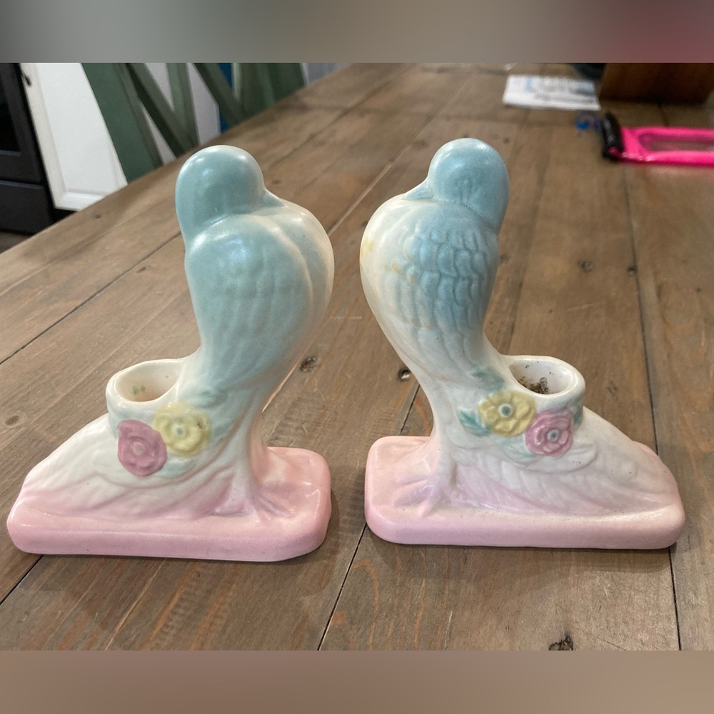 Hull Open Rose No. 117 Pink and Blue Dove Candlesticks